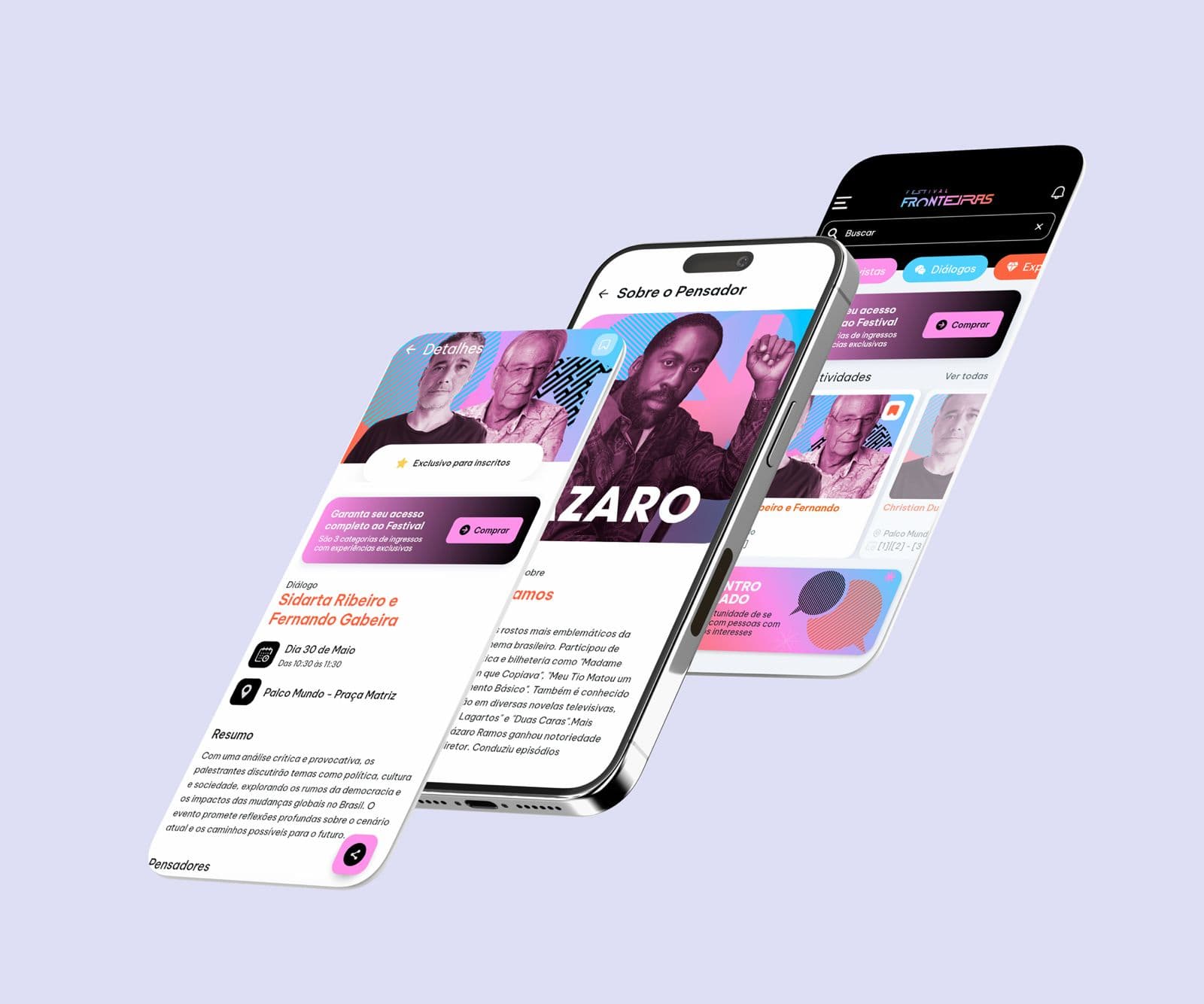 Telas do app do Fronteiras do Pensamento com a agenda e o perfil de um palestrante