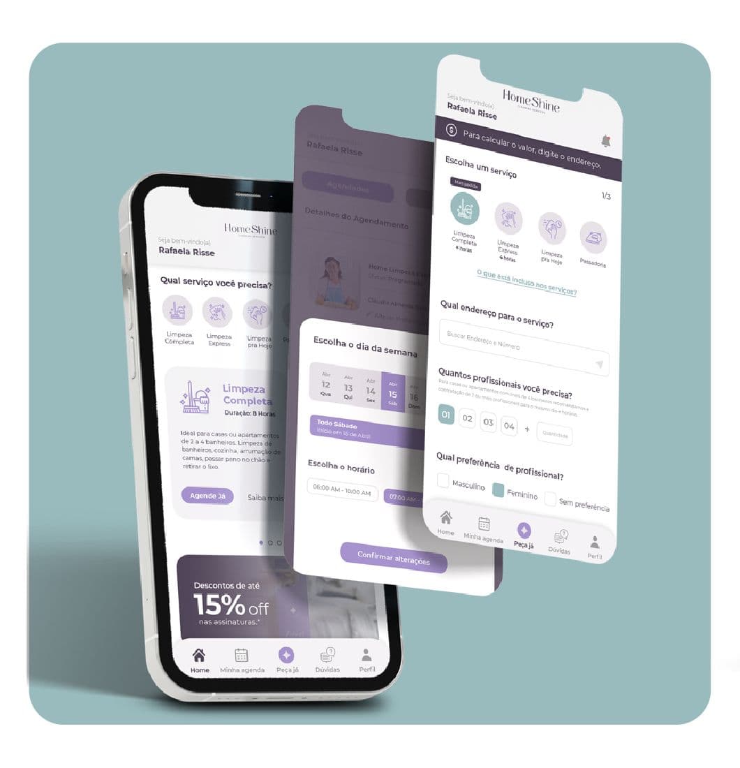 Telas do app Home Shine com a escolha do serviço de limpeza e o agendamento