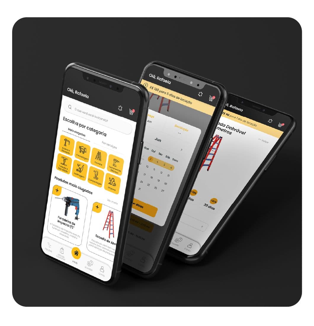 Telas do app Pro Rentals com o catálogo de equipamentos e a seleção de datas de locação