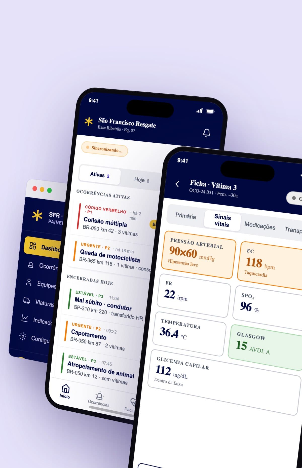 Painel da central e telas do aplicativo do SFR Resgate com a lista de ocorrências e a ficha de sinais vitais de uma vítima
